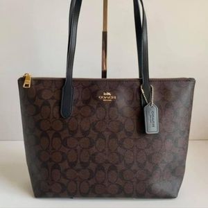 $$ NEW COACH City Zip Top Tote In Signature Canvas Brown/ Black Gold